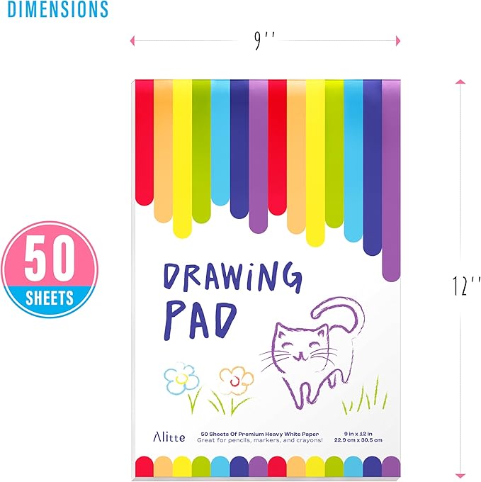 alitte drawing pad for kids - 3-pack (9x12) drawing paper with easy-tear pages - 50 sheets - kids art supplies | sketch pad for drawing & coloring - suitable for children and toddlers
