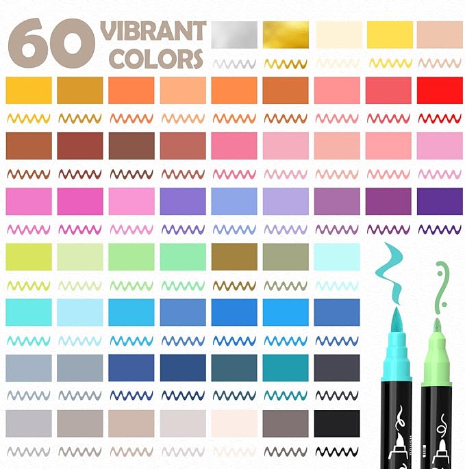 60 Colors Acrylic Paint Markers - Waterproof Dual Tip Acrylic Paint Pens with Brush & Fine Tip Professional Marker Set Scrapbook Markers for Paper Rock Wood Fabric Glass Ceramic and DIY Crafts
