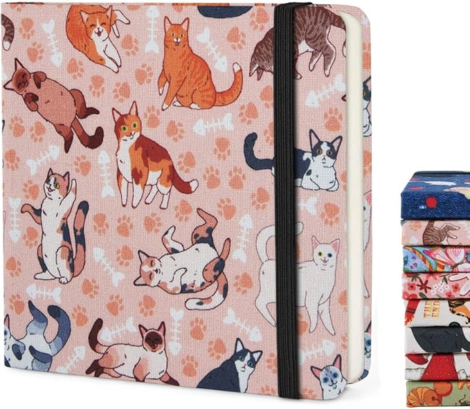 Handy Size 5 x 5 inches Sketch Book, 80GSM Acid Free Artistic Drawing Painting Writing Paper, Hardcover Cloth Cover Art Sketchbook,Journal Notebook.Pink Smiling Cat