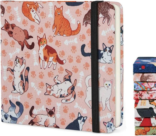 Handy Size 5 x 5 inches Sketch Book, 80GSM Acid Free Artistic Drawing Painting Writing Paper, Hardcover Cloth Cover Art Sketchbook,Journal Notebook.Pink Smiling Cat
