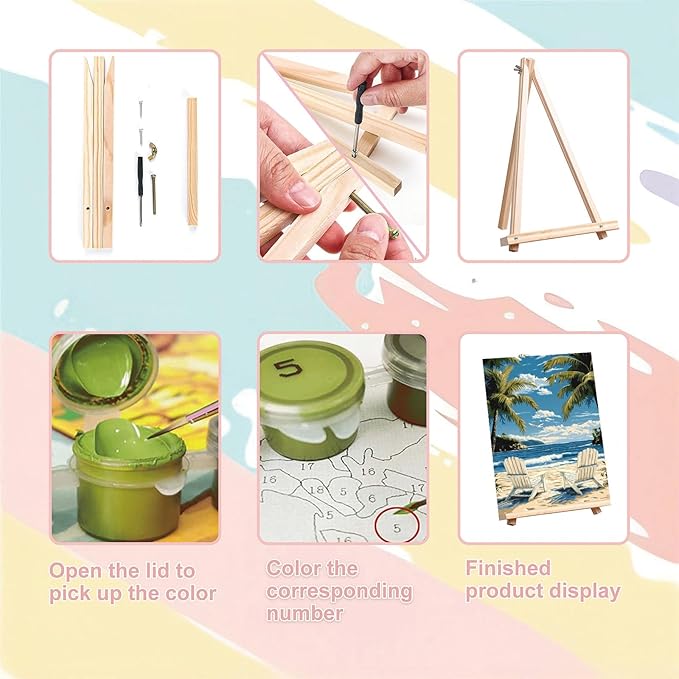 xackcme Beach Paint by Numbers for Adults with Framed Canvas - with Wooden Easel, Landscape Paint by Number on Canvas, DIY Acrylic Oil Painting Kits with Brushes for Home Wall Decor (8x12 inch)