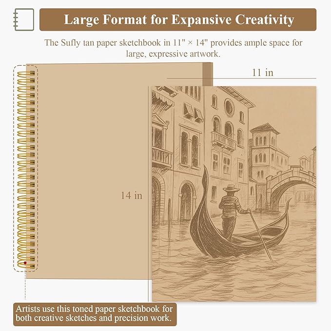 sufly toned paper sketch book, 11x14 inches, 60 sheets - 90lb/150gsm toned tan paper for mixed media, charcoal, graphite, colored pencils & white gel pens, 100% recycled, wire-o bound.