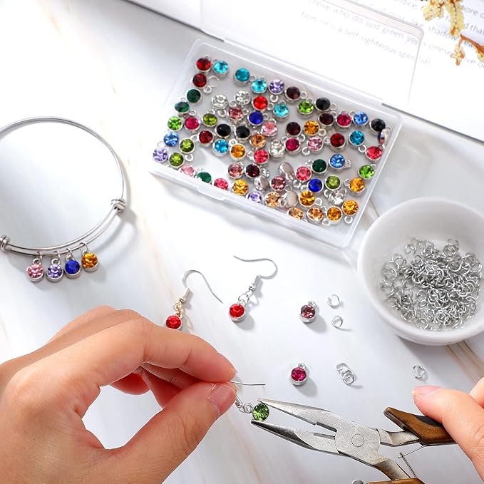 Sureio 80 Pieces Crystal Birthstone Charms with 200 Jump Ring Handmade DIY Beads Pendant Mixed Color Birthstones for Jewelry Making Round Charms for Bracelets Necklaces Jewelry Findings (Vivid Color)