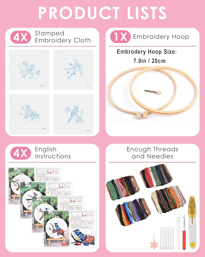 TINDTOP Embroidery Kit for Adults, Flowers and Bird Embroidery Practice Kits for Beginners Adults Include Embroidery Cloth Hoops Threads for Craft Lover Hand Stitch