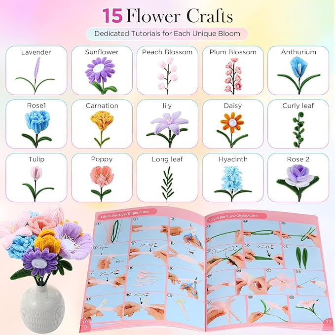 Pipe Cleaner Flower Kit, 540Pcs Pipe Cleaners Craft with 15 Designs Guiding Book, Flower Making Kit with Chenille Stems & Floral Wires, DIY Bouquets and Party Decorations (Multicolor, 12in x 7mm)