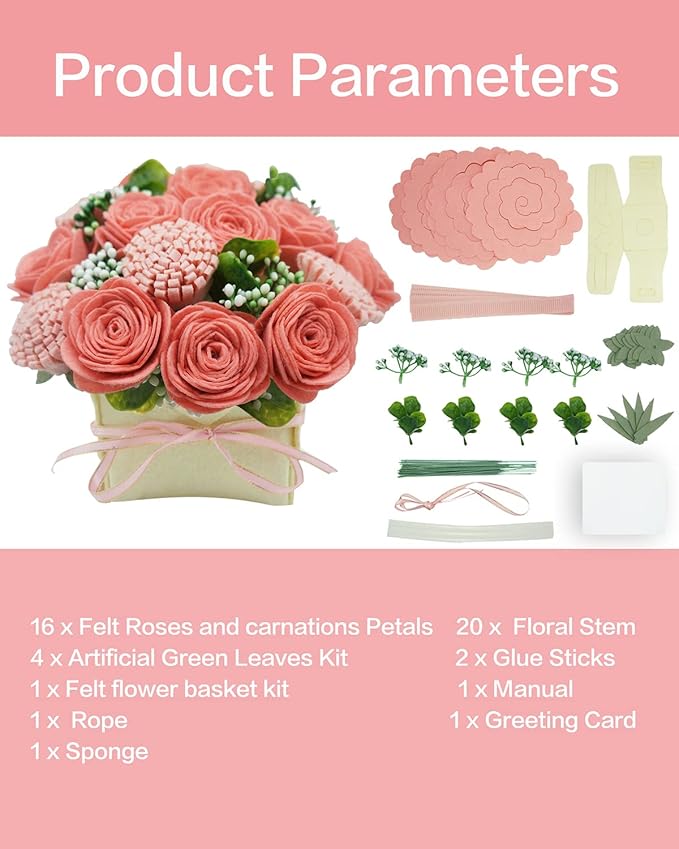 BAZIMA DIY Felt Flower Art Craft Kit,DIY Pink Rose and Carnation Bouquet Kit, Floral Gifts,Beginner Craft Kit,Arrange Pre-Cut Felt Flowers and Foliage