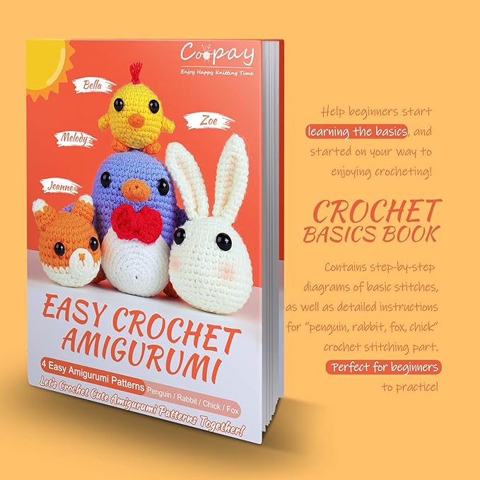 coopay crochet kit for beginners: 4 in 1 crochet animal kit - penguin, chick, rabbit & fox, crochet set beginner crochet starter kit for adults, learn to crocheting knitting kit includes instructions