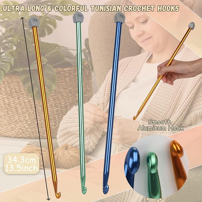 Coopay Tunisian Crochet Hook Set - 9mm 10mm 11mm Large Hooks, 3PCS Extra Long 13.8in Metal Afghan Crochet Needles for Crocheting, Great for Beginners