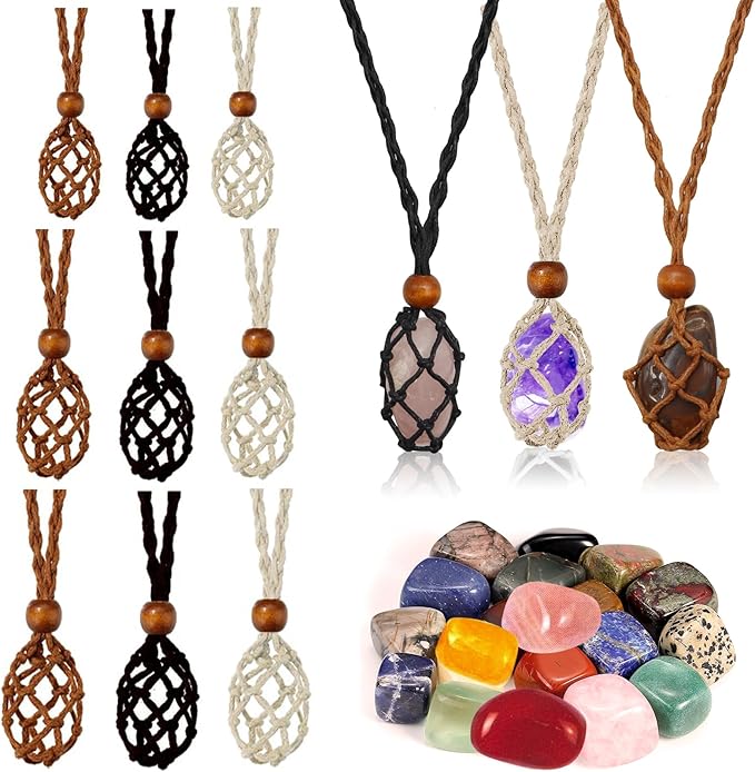 ZYNERY 9 Pcs Crystal Necklace Holder, Adjustable Crystal Holder in S M L, Woven Cage Necklaces for Jewelry Making DIY Crafts Accessories Stone Holder Necklace Cord Black, Brown, White