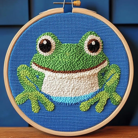 DIY Punch Needle Kits A Cartoon Cute Green Frog Easy for Beginners Punch Needle Yarn Starter Embroidery Set for Craft Lovers with Hoop for Home Decor 20x20cm(2)