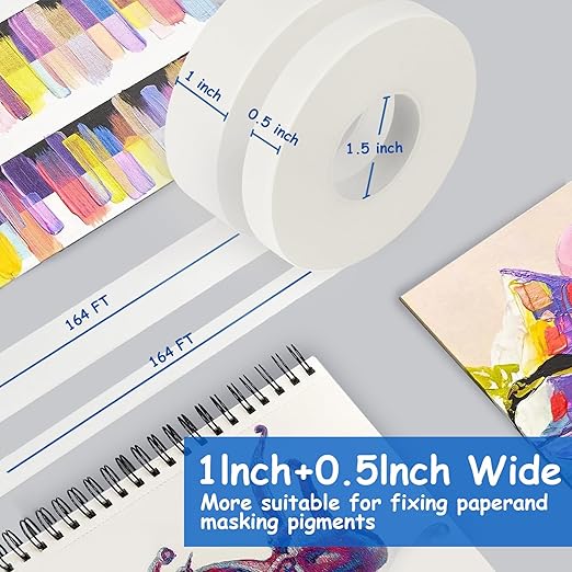 Artist Tape, 2 Pack White Art Tape for Watercolor Paper, Medium Tack Masking Drafting Tape for Painting Canvas Framing, Acid-Free, 0.5" x 164 FT & 1" x 164 FT