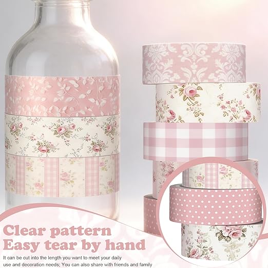 12 Rolls Watercolor Floral Washi Tape Set 15 mm Vintage Flower Decorative Masking Tape for Spring Arts DIY Craft Scrapbook Journal Supplies Gift Wrapping(Light Pink,Polka Dots and Floral)