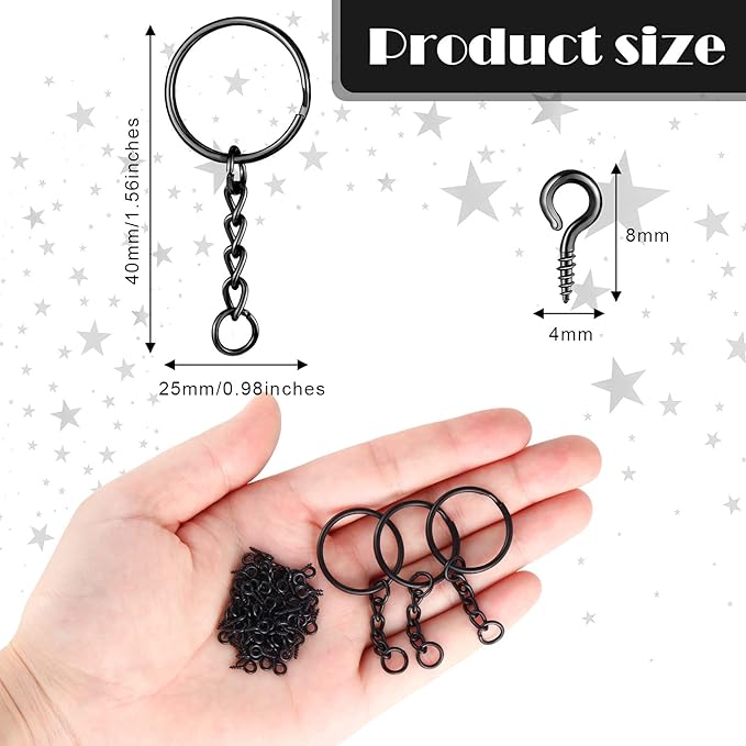 Hotop 360 Pcs Key Rings for Crafts Keychain Making Kit Including 90 Open Jump Rings Connectors, 180 Small Screw Eye Pins Hooks Bulk for DIY Keychain Supplies Crafts Jewelry Making(25 mm,Black)