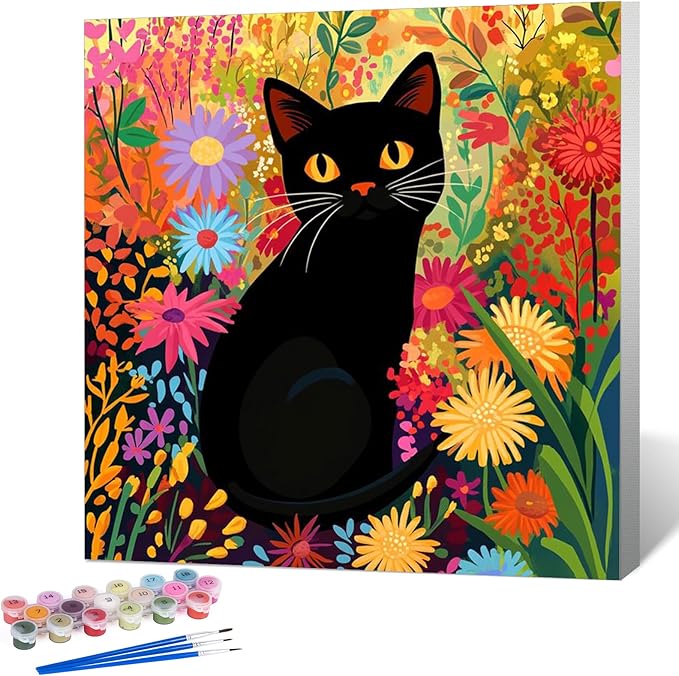 Okarina Framed Paint by Numbers Kit for Adults Beginner Cat, Adult Paint by Number Kits on Canvas Framed, DIY Acrylic Oil Painting by Numbers with Frame, Flower for Home Decor Gift 10 X 10 Inch