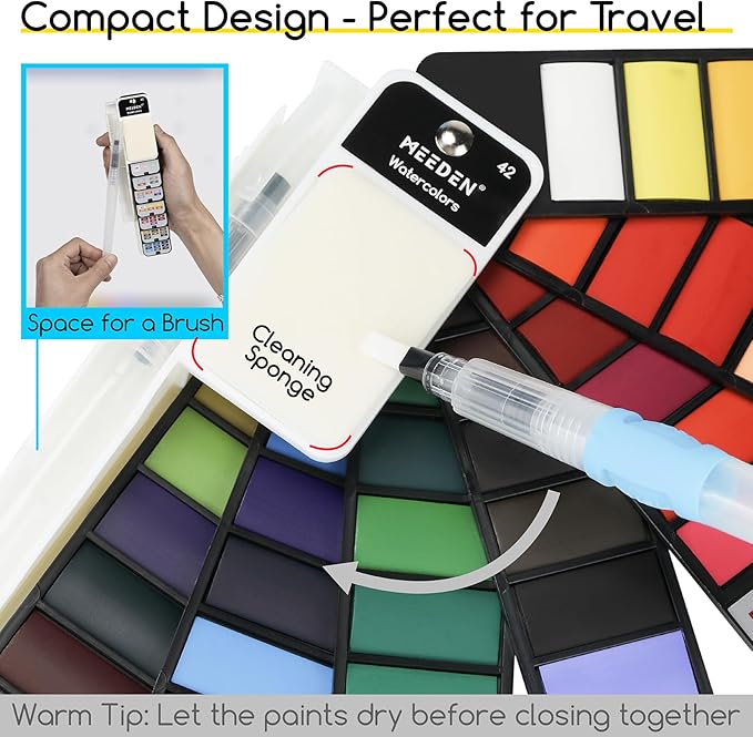 MEEDEN Travel Watercolor Paint Set: Portable 42 Assorted Water Colors Paint Kit with 4 Brushes