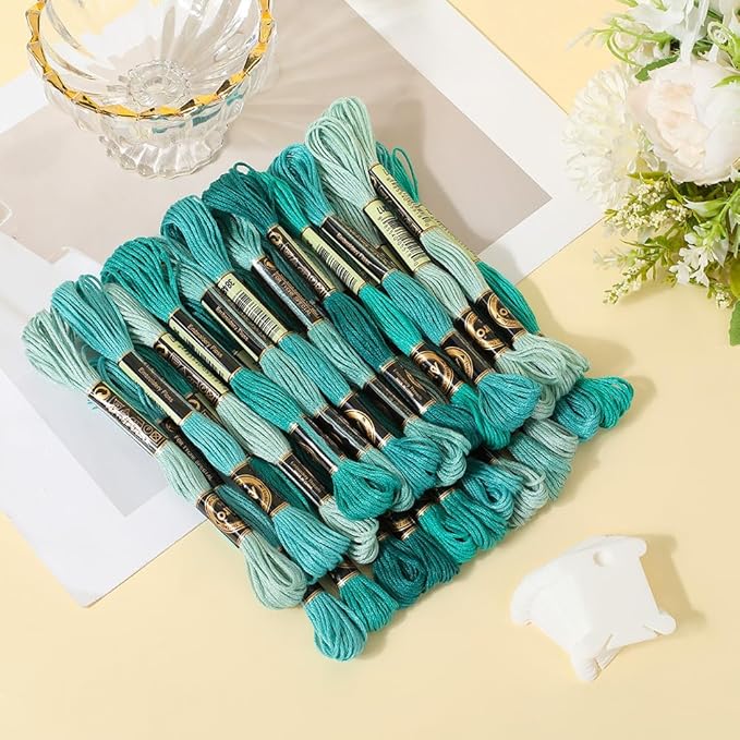 24 Skeins 6 Strands Green Embroidery Floss Threads Variegated Gradient Cross Stitch Thread Friendship Bracelets String Bulk with 12 Floss Bobbins for Hand Sewing Knitting Craft Stitching Diy