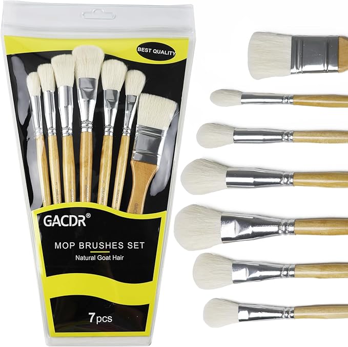 Gilding Brush Set, 7 Pieces Versatile Goat Hair Blending Mop Brushes for Acrylic Painting Wartercolor Foil Gold Leaf Flakes Sheets