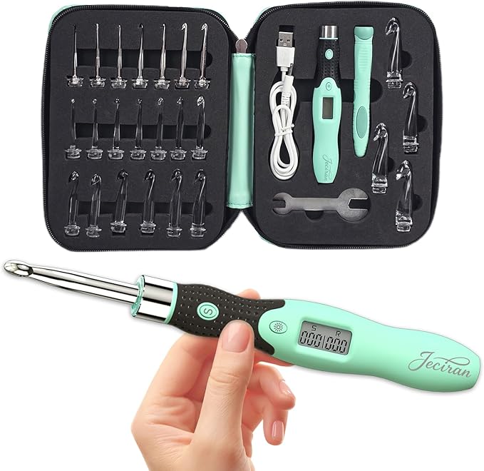 Upgraded Lighted Crochet Hooks Set with 24 Interchangeable Heads-Rechargeable Counting Crochet Hook Set-No Need to Move Fingers-Ergonomic Digital Crochet Hook for Arthritic Hands