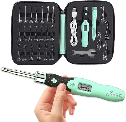 Upgraded Lighted Crochet Hooks Set with 24 Interchangeable Heads-Rechargeable Counting Crochet Hook Set-No Need to Move Fingers-Ergonomic Digital Crochet Hook for Arthritic Hands