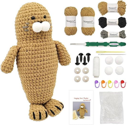 Noocro Amigurumi Crochet Kit for Beginners, Intermediate and Advanced Crocheters, DIY Crochet Plushie Kit with Complete Kit, Detailed Instrucions and Video Tutorial - Fun Craft Gift (Seal)