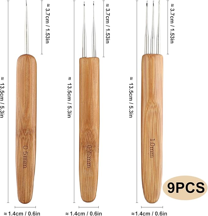 9Pcs Dreadlock Crochet Hook for Hair,Weaving Crochet Braid Hair Dreadlocks Needle for Braid Craft Bamboo Handle 0.5mm 0.75mm 1mm