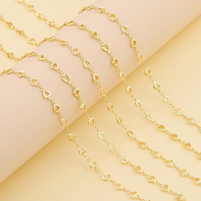 KYUNHOO 13 Feet Hollow Heart Chain for Jewelry Making 18K Gold Plated Brass Jewelry Chains Bulk with Lobster Clasps Jump Rings for Crafting Supplies