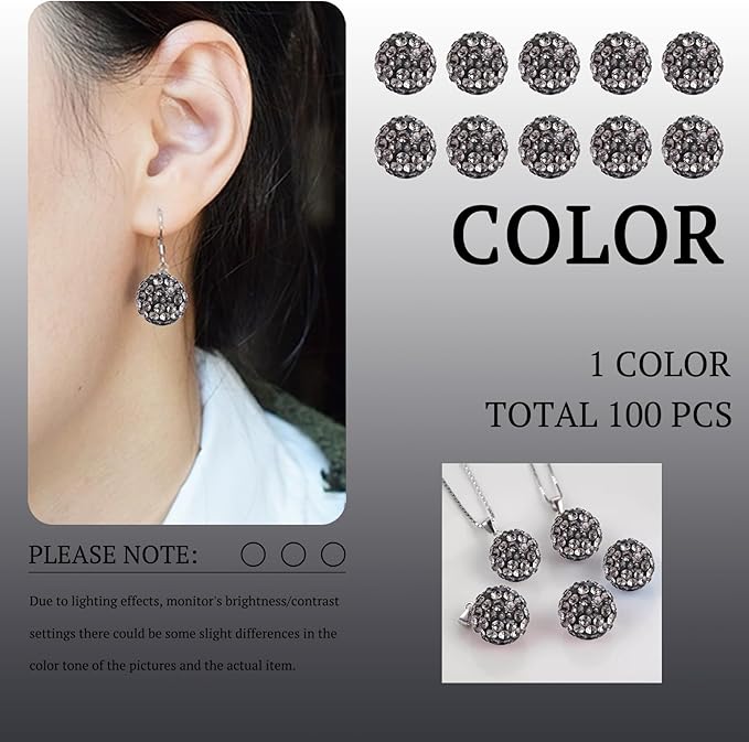 10mm Grade A Grey Rhinestone Beads for Baseball Necklace-Round Disco Ball Bead Rhinestone Clay Beads for Earring Jewelry Making,Necklace Bracelet,DIY Craft Supplies(100 pcs)