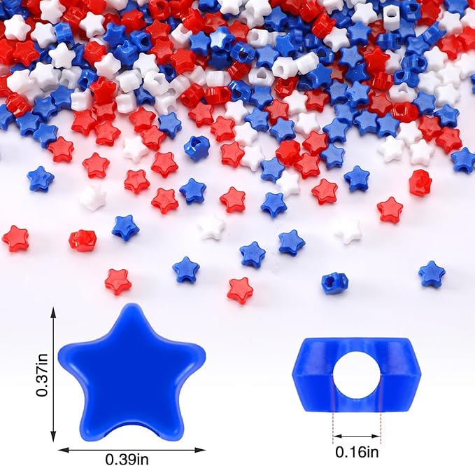 UPINS 1200pcs Red White and Blue Beads,4th of July Beads Patriotic Star Shaped Beads American Beads Memorial Day Beads DIY Jewelry Making Crafts