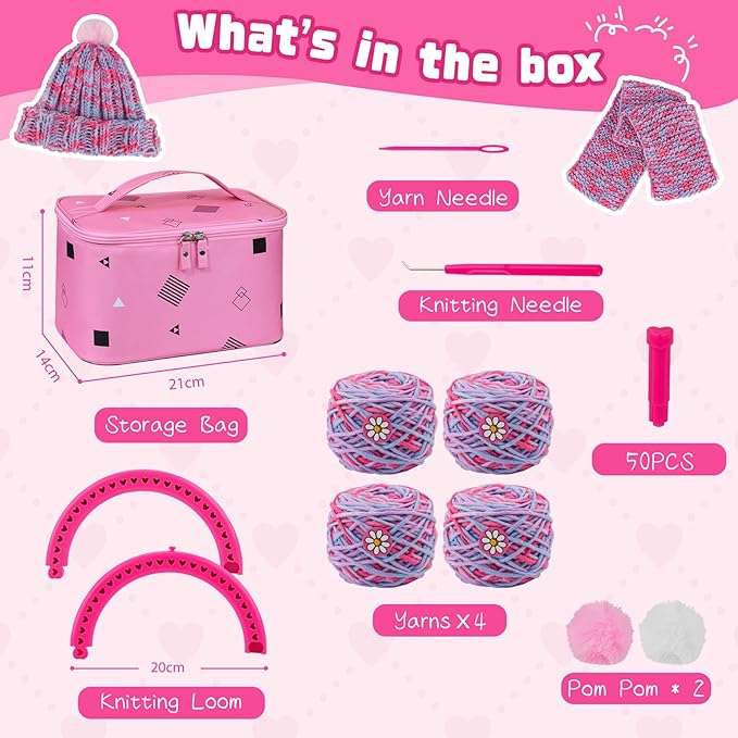 PREBOX Knitting Loom Craft Kit for Kids & Beginners - Create Hat & Scraf with Yarn, Hook Needle, Ideal Birthday Christmas Gifts for Teens Girls Age 6-8 8-12 14+, Rose Loom