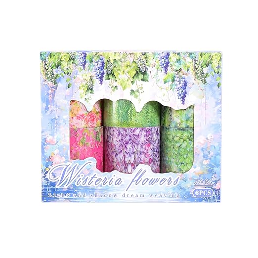 Wisteria Floral PET Decorative Tape Set, 6 Rolls Wide Garden Washi Tape for Journaling Supplies, Scrapbooking, Bullet Journal, Junk Journal, DIY Crafts and Gift Wrapping