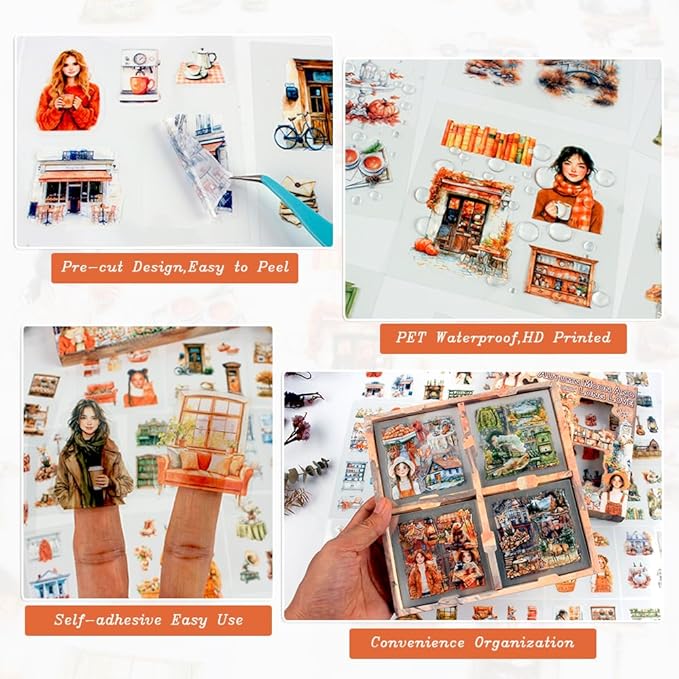 448Pcs Autumn Scenery Scrapbook Stickers for Scrapbooking Supplies, Transparent PET Aesthetic Stickers for Journaling, Junk Journal, Planner, DIY Craft Art, Scrap Booking Supples Kit
