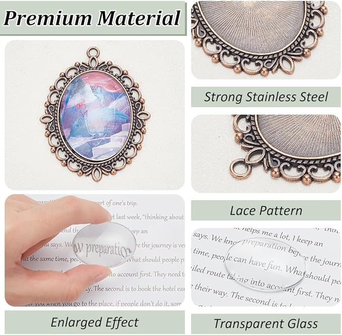 PH PandaHall 20pcs Pendant Trays Kit, 10pcs Oval Blank Bezel Pendant Settings, 10pcs 40x30mm Glass Cabochon Dome Tiles for Bridal Wedding Photo Charm Bouquet Graduation Making DIY