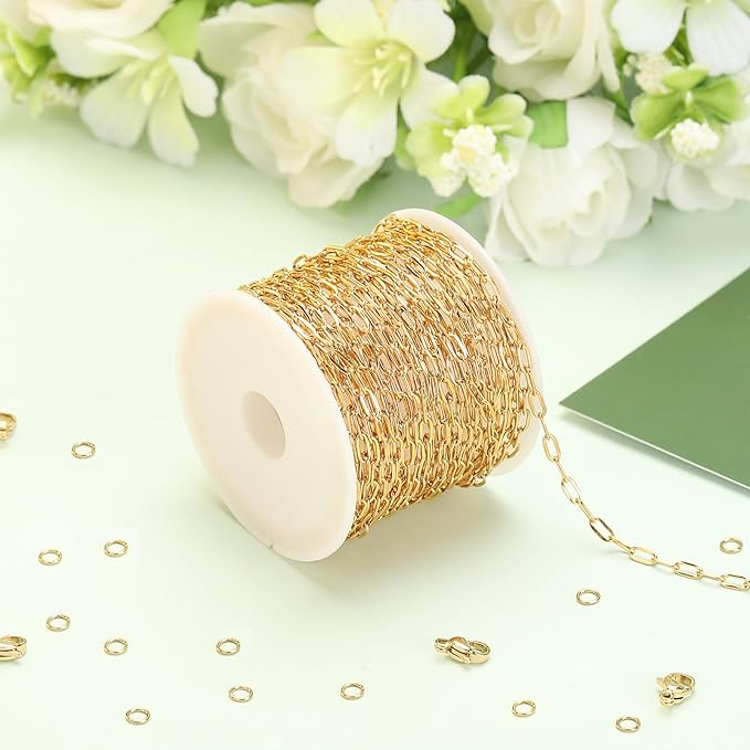 SMYHTGLIF 5 Meters Stainless Steel Paper Clip Chain for Jewelry Making Gold Cable DIY Craft Jewelry Making Chains Bulk with Lobster Clasps and Open Jump Rings