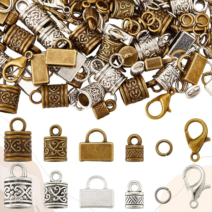 SUNNYCLUE 1 Box 240pcs Cord End Caps Kumihimo Cord Ends Alloy Metal Antique Silver Bronze Leather Crimp Kumihimo Cords Tips with Lobster Clasp Jump Rings for Jewelry Making Kit Bracelets Necklaces