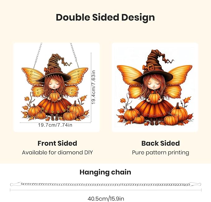 Genius maker Halloween Diamond Art Hanging Kits for Adults, Fall Pumpkins Fairy Special Shaped Diamond Painting Kit, Acrylic 5D Crystal Diamonds Gem Art Painting Hanging Ornament for Home Wall Decor