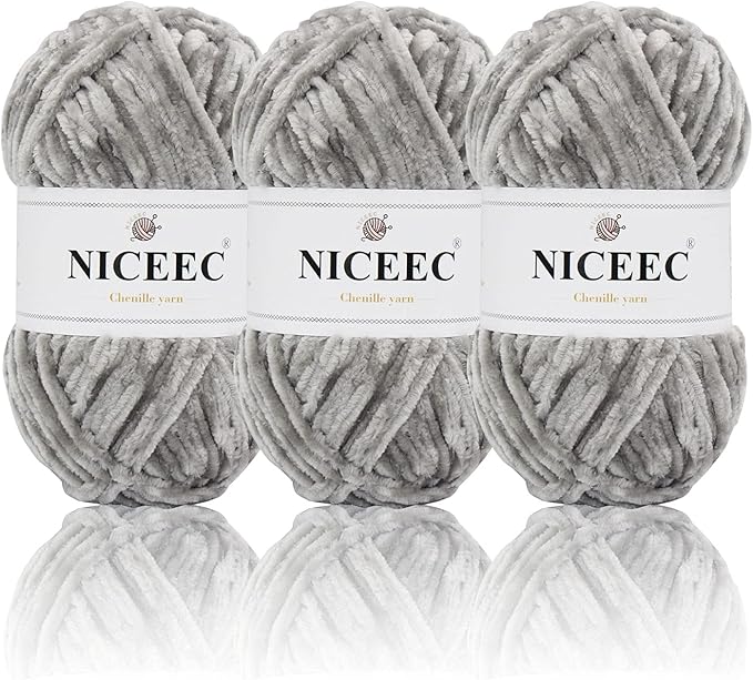 NICEEC 3 Skeins Soft Chenille Yarn Blanket Yarn for Knitting Fancy Yarn for Crochet Weaving DIY Craft Total Length 3×85m (3×93yds, 3×50g)_Light Grey