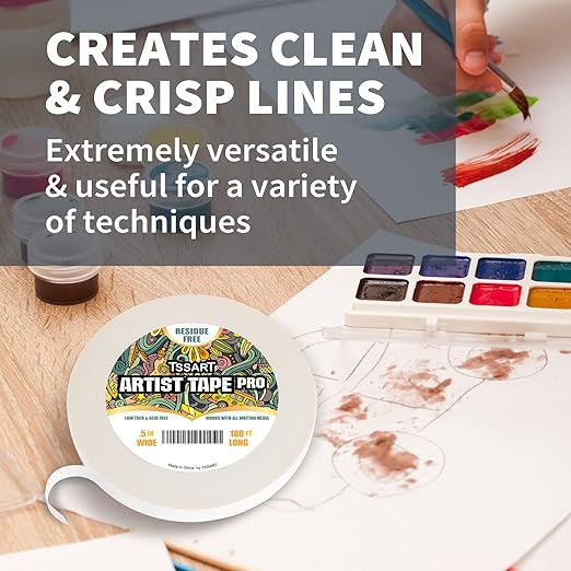 White Artist Tape Pro - Low Tack Masking Artists Tape for Drafting Art Watercolor Painting and All Paper Media - Acid Free 1/2inch Wide 180FT Long