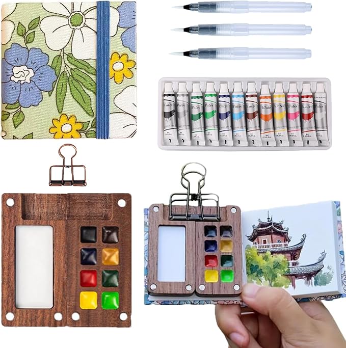 Aimery Mini Watercolor Paint Travel Set, Portable Small Miniature Pocket Water Color Painting Kit with Wooden Palette & Sketchbook(Blue Flower)