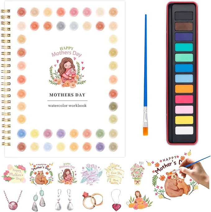 Metyond Mother's Day Watercolor Workbook for Adults - Watercolor Coloring Book with 1 Workbook 12 Colors Paint Set with Brush, Beginner Friendly Watercolor Workbooks Set Mother's Day Gift