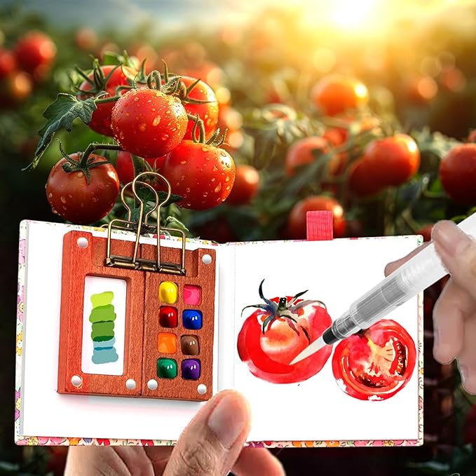 Pocket Wooden Paint Palette with Metal Clip, Water Colour Paints Sets with Sketchbook & Water Pen for Painters,Artists,Beginner (Rose-12 Colors, S-8 Grids)