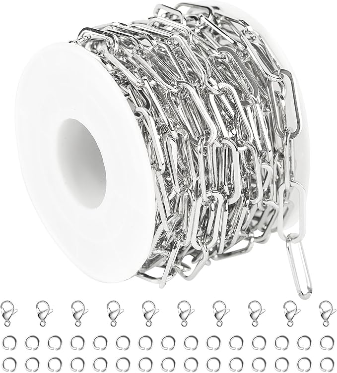 KYUNHOO Silver Jewelry Making Chain Roll Stainless Steel Paperclip Chains Bulk 5 Meters Long Craft Chain with Lobster Clasps Jump Rings for Men Women DIY Jewelry Supplies