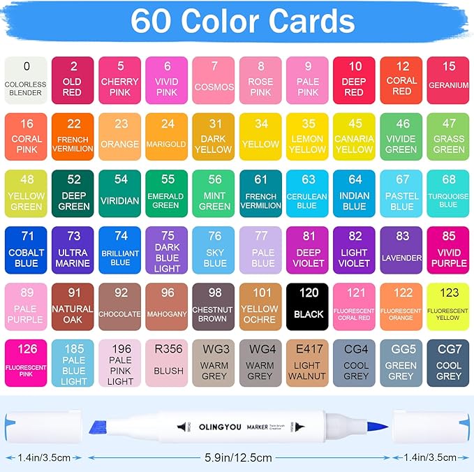 60 Colors Alcohol Markers with Base Dual Tip Drawing Markers for Comics Coloring Sketching Illustration,