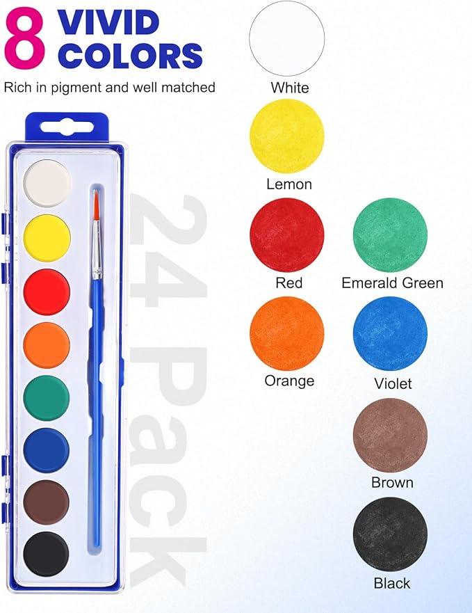 24 Pack Watercolor Paint Set, 8 Colors Watercolor Paint Set Bulk with Paint Brushes, Washable Paint, Art Supplies for Classroom, Parties