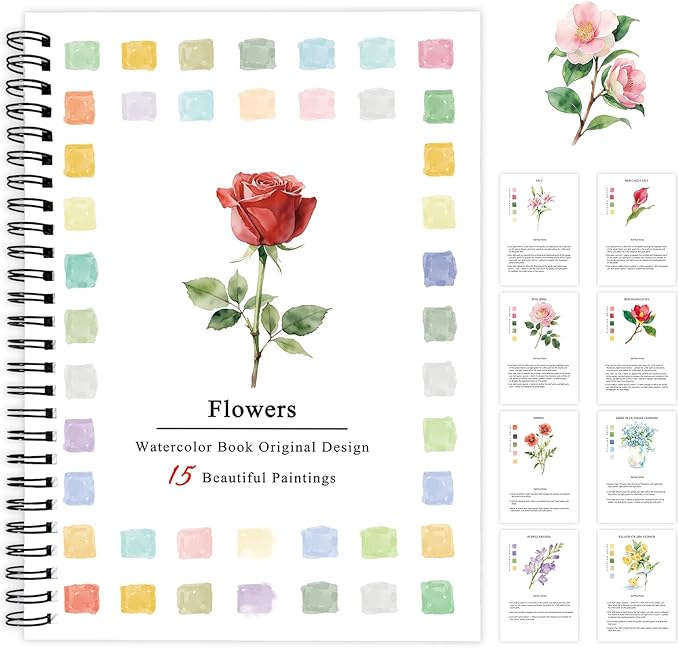SLWBZ Watercolor Workbook Flowers, 15 Different Patterns of Original DIY Designs, Beginner-Friendly Watercolor Workbooks, (Flowers, Without Palette)