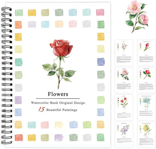 SLWBZ Watercolor Workbook Flowers, 15 Different Patterns of Original DIY Designs, Beginner-Friendly Watercolor Workbooks, (Flowers, Without Palette)