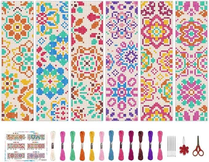 BEUNITONE 6 Pcs Mandala Cross Stitch Bookmark Kits for Beginners DIY Stamped Embroidery Bookmark Kit Colorful Floral Punch Needle Set with Instructions Craft Kit for Book Lover Gifts 8''x2.4''
