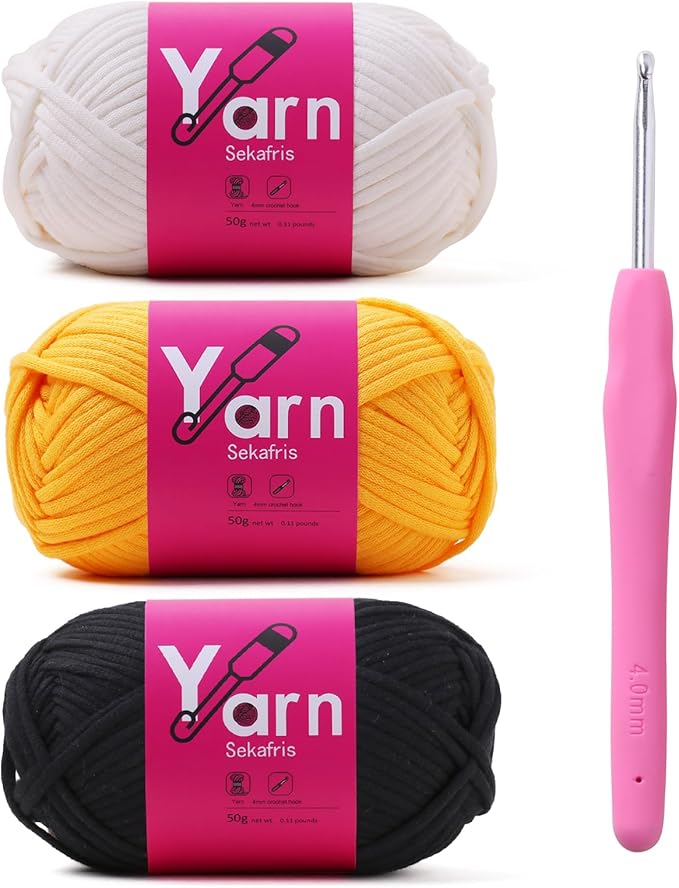 Crochet Yarn - Cotton Yarn for Crocheting & Knitting - Chunky Cotton-Nylon Blend (Black+White+Golden Yellow)