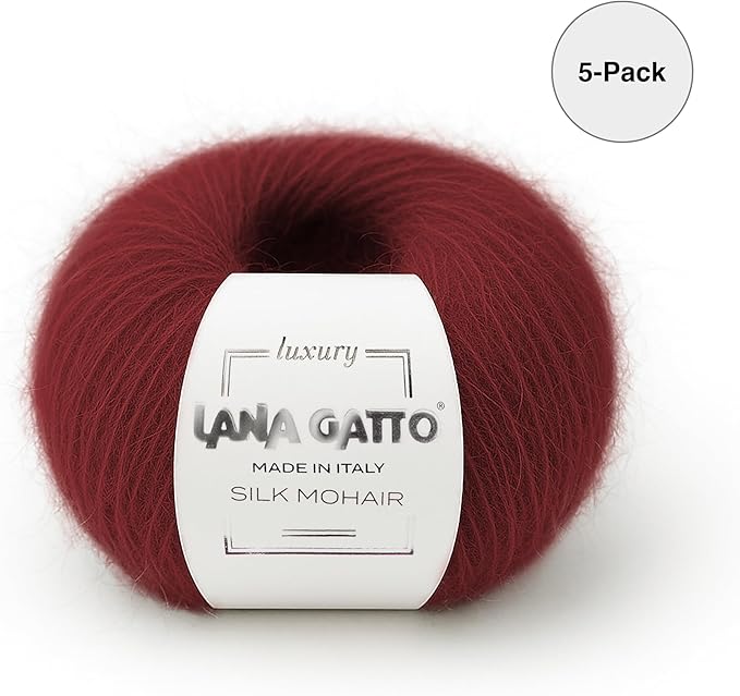 Silk Mohair Yarn for Knitting – Lace Weight Mohair Yarn with Silk, Made in Italy – Red-6026, 5 Skeins