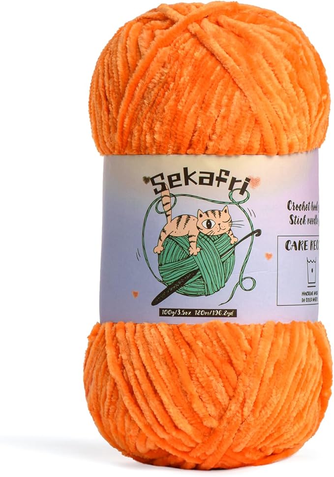 Fuzzy Chenille Yarn for Crocheting,Fluffy Amigurumi Crochet Yarn for DIY Craft/Hat/Shoes,(100 g/197 yds) Soft Velvet Baby Blanket Yarns（Orange）