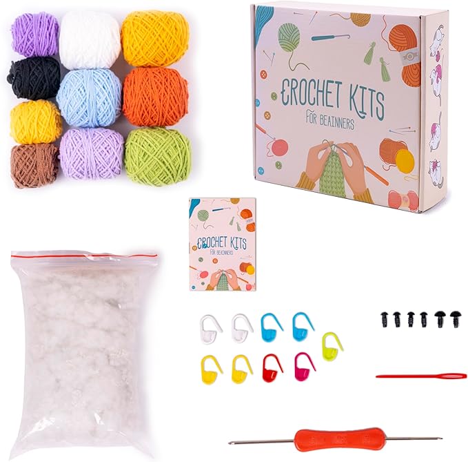 CROBABIO 6Pcs Crochet Kit for Beginners, 2026 DIY Craft for Adults and Kids, Great Gift for Crochet Lovers, Crocheting Animal Kits with Step by Step Videos,Yarn,Crochet Hook,Birthday Holiday Gift